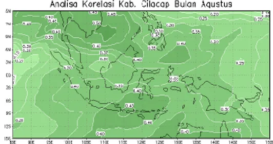 Gambar 7. Korelasi antara curah hujan Kabupaten Cilacap dan SPL wilayah Indonesia  pada bulan  Juli-Desember