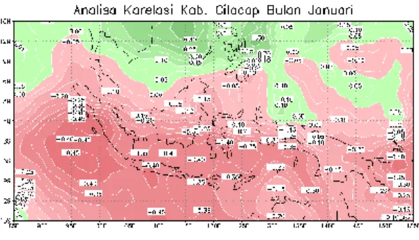 Gambar 6.  Korelasi antara curah hujan Kabupaten Cilacap dan SPL wilayah Indonesia pada bulan  Januari-Juni