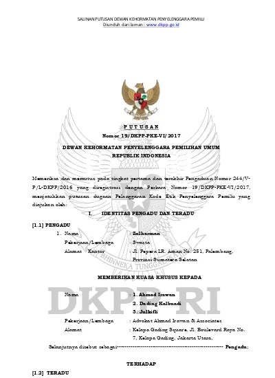 P U T U S A N Nomor 19/DKPP-PKE-VI/2017 DEWAN KEHORMATAN PENYELENGGARA ...