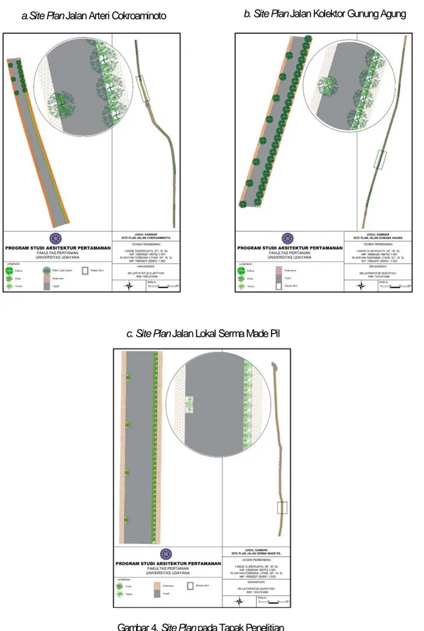 Gambar 4 merupakan rencana tapak dari masing-masing kelas jalan. Pada tapak pertama dan kedua yaitu  untuk kelas jalan arteri dan jalan kolektor, disepanjang sisi jalan direncanakan menggunakan kombinasi  vegetasi jenis pohon, perdu dan semak, Sedangkan un