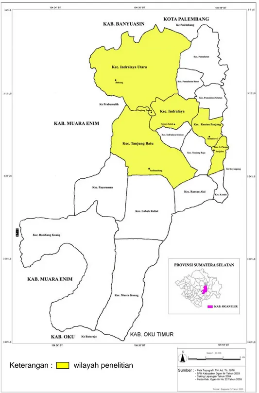 Gambar 2  Peta wilayah penelitian di Kabupaten Ogan Ilir Keterangan :          wilayah penelitian 