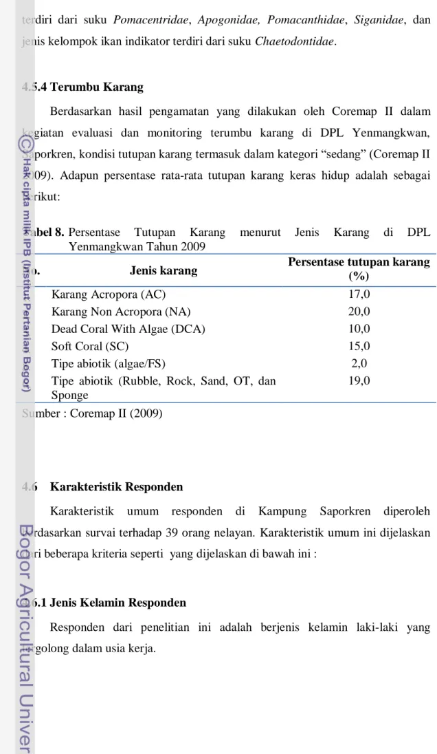 Tabel 8. Persentase  Tutupan  Karang  menurut  Jenis  Karang  di  DPL  Yenmangkwan Tahun 2009  