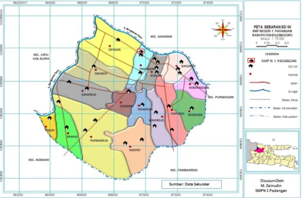 Gambar 1. Peta Persebaran SD/MI Kecamatan Padangan Untuk  persebaran  SMP  di  Kecamatan 