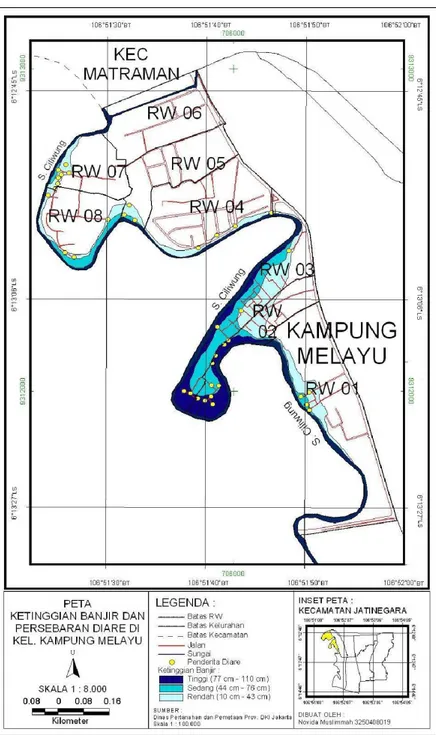 Gambar 1.3 Peta Ketinggian Banjir dan Persebaran Diare di Kel. Kampung Melayu 