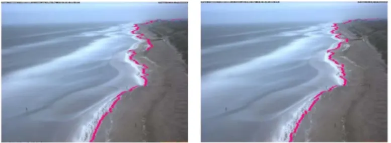 Gambar 5. Perbandingan kinerja sistem deteksi garis pantai pada sampel citra pagi (atas), siang (tengah), sore  (bawah) dengan menggunakan, (a) Contrast stretching, dan (b) Brightness adjustment 