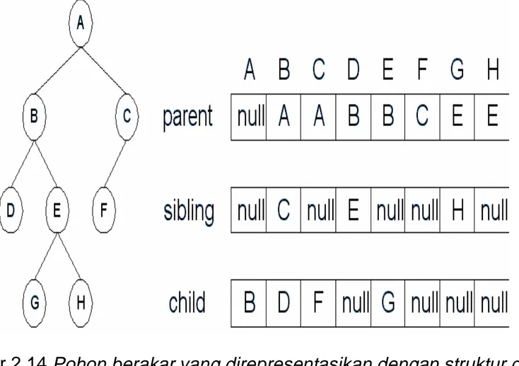 Gambar 2.14 Pohon berakar yang direpresentasikan dengan struktur data    Parent  : akar dari node yang ada di atasnya  