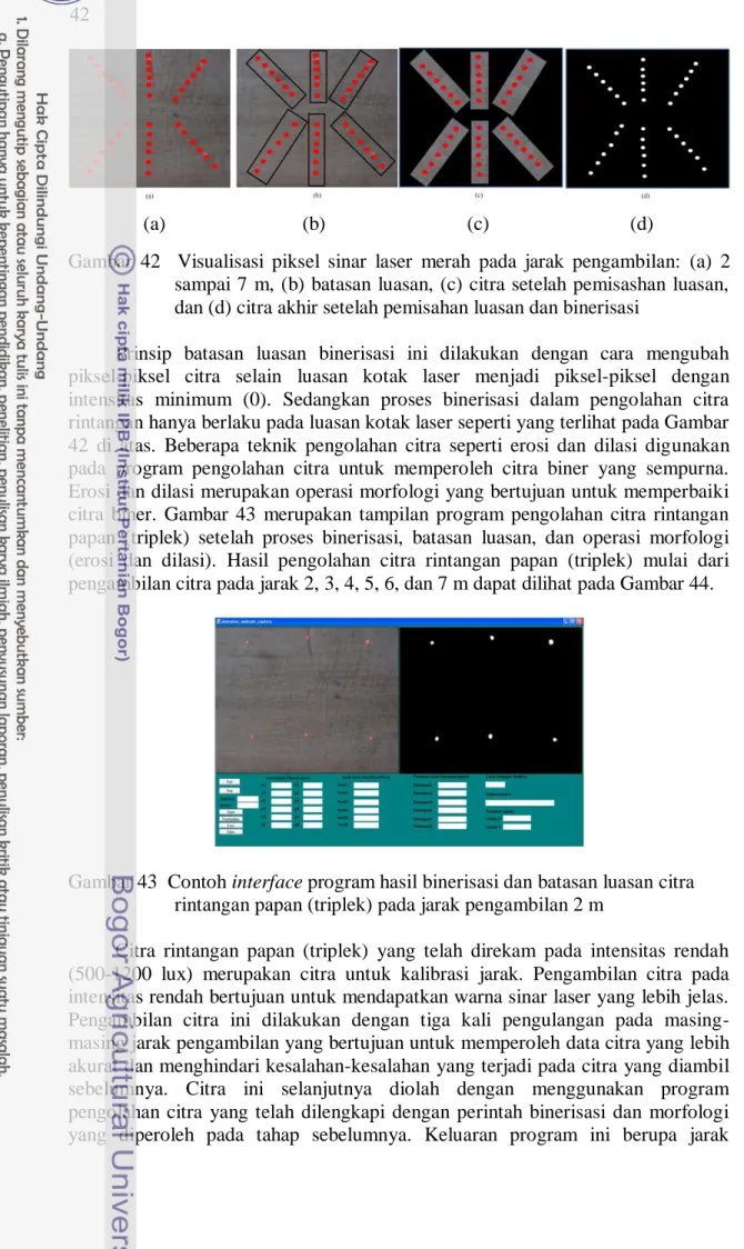 Gambar 43  Contoh interface program hasil binerisasi dan batasan luasan citra  rintangan papan (triplek) pada jarak pengambilan 2 m 