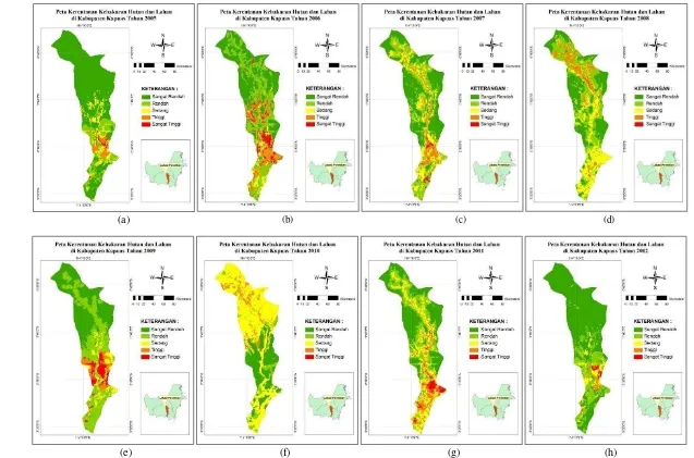 Gambar 6 Peta kerentanan kebakaran hutan dan lahan Kabupaten Kapuas Tahun (a) 2005, (b) 2006, (c) 2007, (d) 2008, (e) 2009, (f) 2010, (g) 2011, (h) 2012