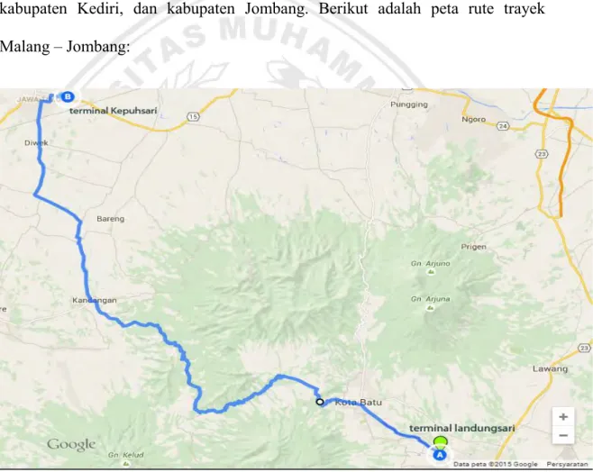 Gambar  3.1  Peta  Rute  Angkutan  Bus  AKDP  PO.  Puspa  Indah  Trayek  Malang - Jombang