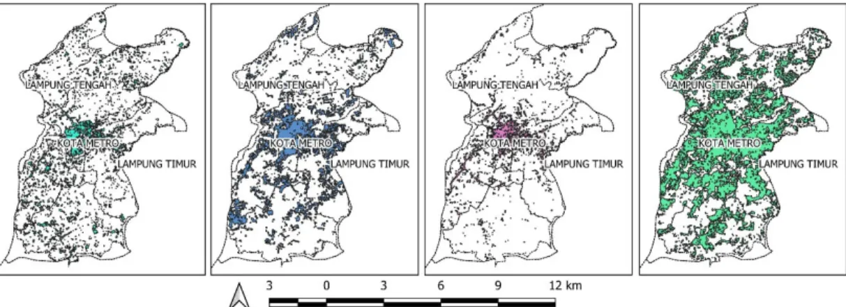 Gambar 3.1. Hasil deteksi distribusi lahan terbangun di Kota Metro (1990, 2000, 2009, dan 2020) 