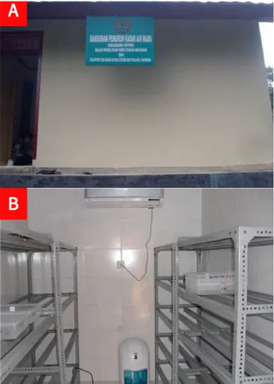 Gambar 1. Bangunan bangunan penurun kadar air madu yang terdiri atas  kombinasi ruangan kedap dengan sistem penguapan menggunakan  dehumidifier : (A) Tampak depan, (B) Ruang Kedap