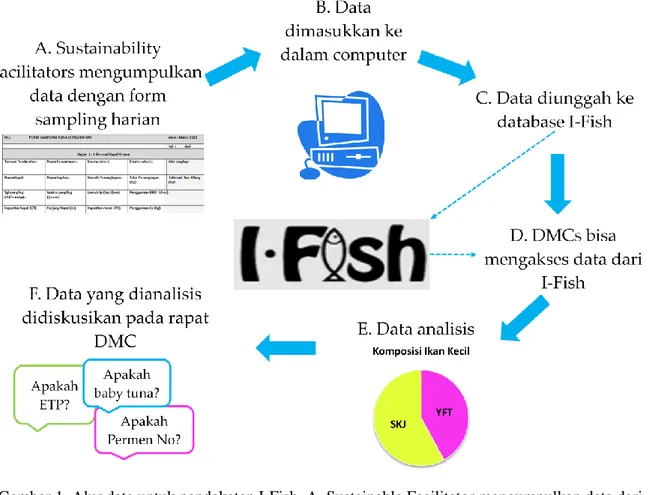 Gambar 1. Alur data untuk pendekatan I-Fish. A. Sustainable Facilitator mengumpulkan data dari  nelayan dan pemasok, baik dengan form sampling harian dan form pendaratan bulanan
