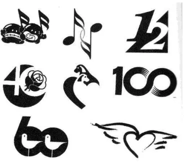 Gambar 10. Logo-logo dengan elemen berbentuk simbol, nomor, dan elemen lainnya (Sumber: Pengantar Desain Komunikasi Visual, 2007)