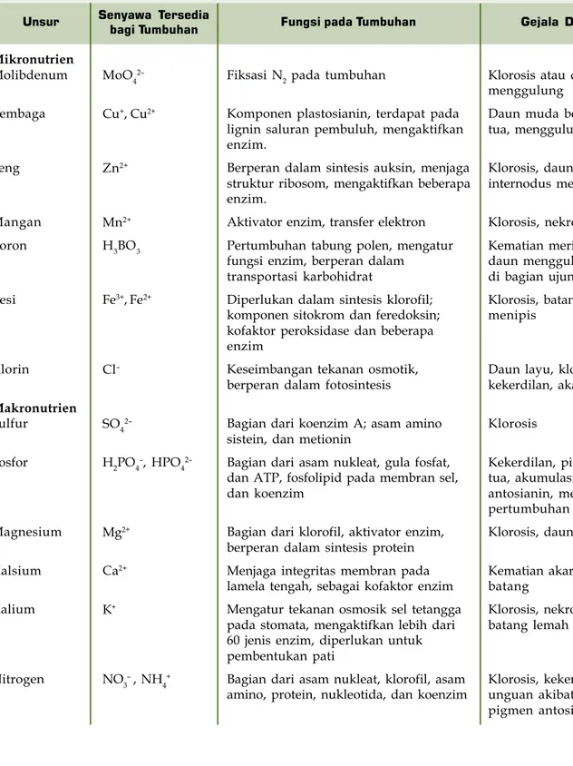 Tabel 1.1 Sumber, Fungsi, dan Gejala Kekurangan Beberapa Unsur pada Tumbuhan Senyawa Tersedia