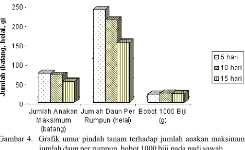 Gambar 4.  Grafik umur pindah tanam terhadap jumlah anakan maksimum, jumlah daun per rumpun, bobot 1000 biji pada padi sawah