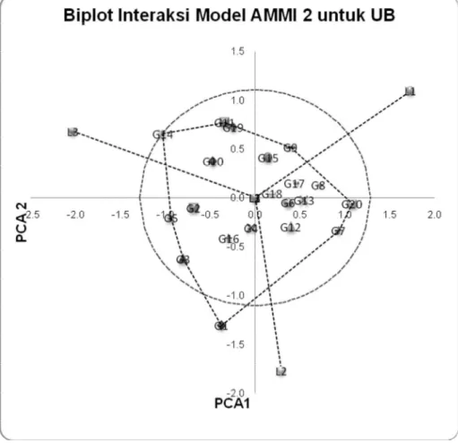 Gambar 1. Biplot  interaksi model  AMMI 2  umur berbunga tiap  genotipe dan lokasi   