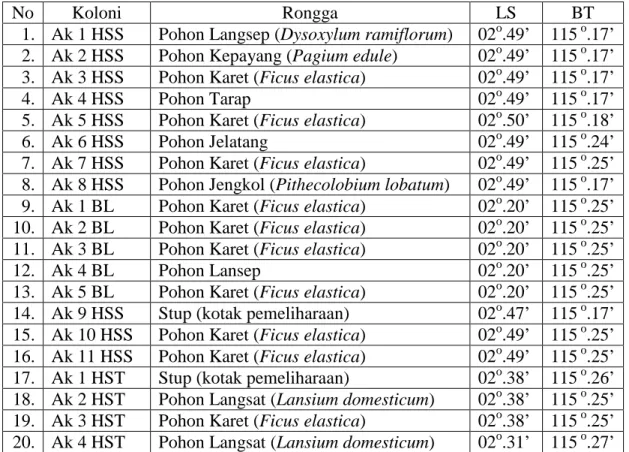 Tabel  1  Daftar  koleksi  lebah  A.  koschevnikovi  (Ak).  Singkatan  sesuai  dengan  yang  tertulis pada Bahan dan Metode 