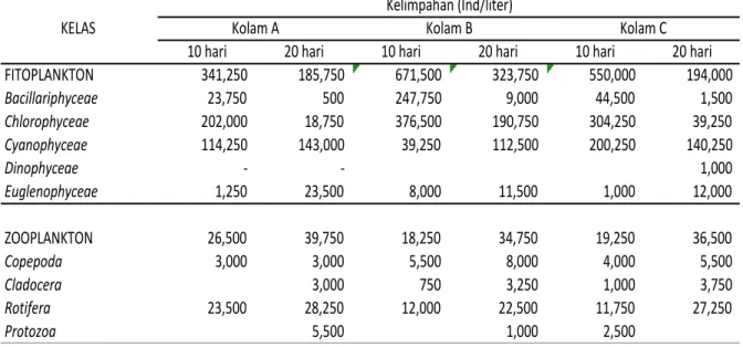 Tabel 1. Kelimpahan plankton yang terdapat pada bak pemeliharaan benih ikan patin  siam dengan penambahan jenis pupuk organik yang berbeda 