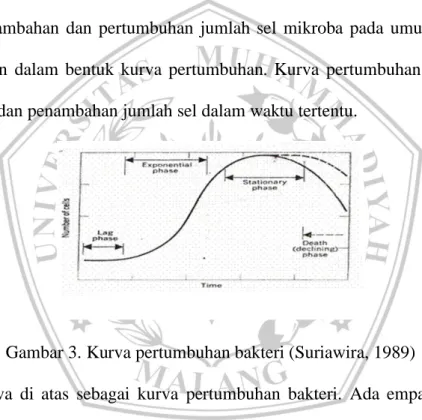 Gambar 3. Kurva pertumbuhan bakteri (Suriawira, 1989) 