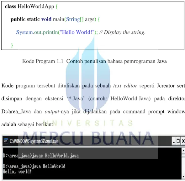 Gambar 2.1  Hasil Program dengan menggunakan Java class HelloWorldApp { 