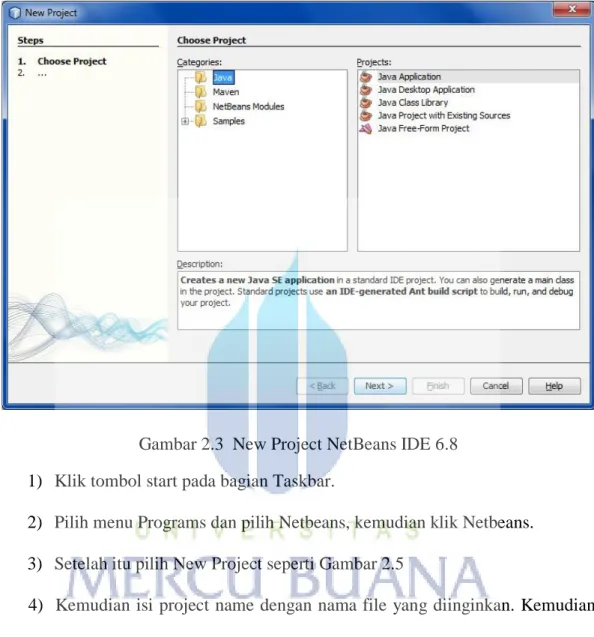 Gambar 2.3  New Project NetBeans IDE 6.8  1)  Klik tombol start pada bagian Taskbar. 