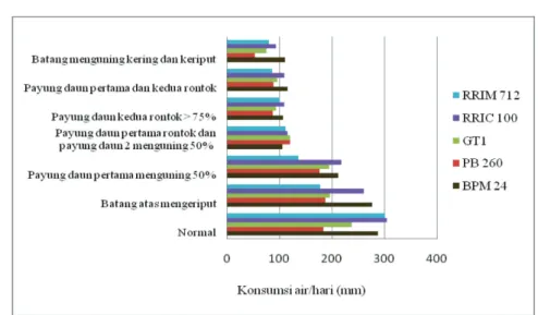 Gambar 2. Kemampuan beberapa klon bibit karet untuk pulih kembali setelah mengalami kekeringan 