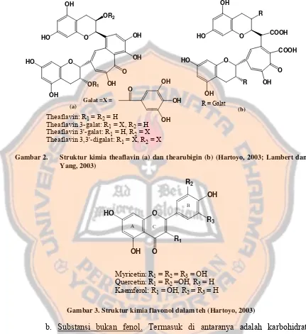Gambar 2.  Struktur kimia theaflavin (a) dan thearubigin (b) (Hartoyo, 2003; Lambert dan 
