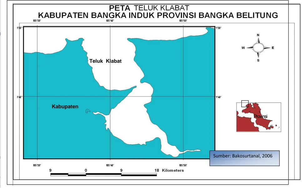 Gambar 7. Peta Lokasi Penelitian di Teluk Klabat Provinsi Bangka-Belitung (Bakosurtanal, 1997)