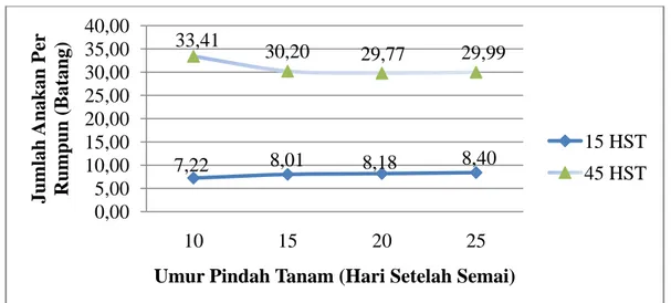 Gambar 1 menunjukkan bahwa jumlah anakan per rumpun tanaman padi  umur 15 meningkat pada umur pindah tanam 25 HSS (U 4 ), umur 30 dan 45 HST  meningkat pada umur pindah tanam 10 HSS (U 1 ) dan menurun pada umur pindah  tanam 20 HSS (U 3 )