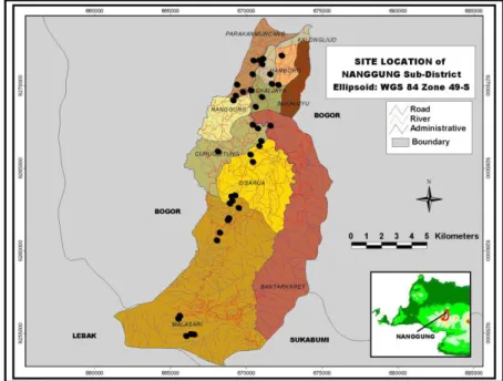 Gambar 2  Peta sebaran lokasi pengambilan sampel tanah di Kecamatan    Nanggung. 