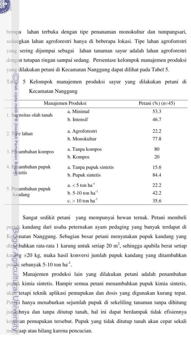 Tabel  5  Kelompok  manajemen  produksi  sayur  yang  dilakukan  petani  di  Kecamatan Nanggung 