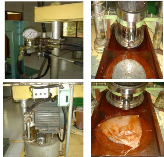 Gambar 10. Unit motor listrik, pompa hidrolis, dan saringan silinder pada mesin      pengempa kakao
