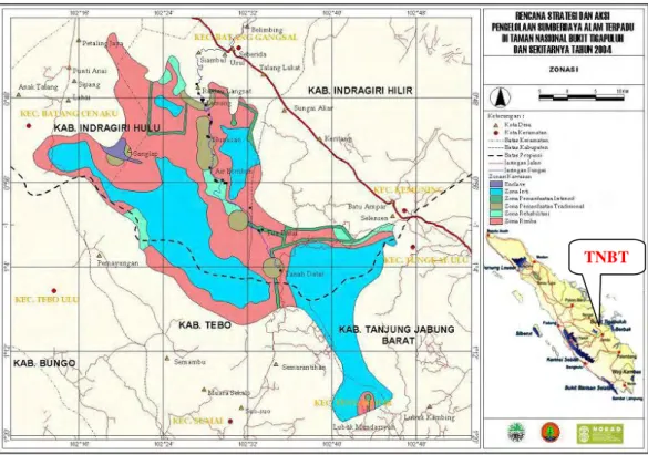 Gambar 2 Peta TN. Bukit Tigapuluh (sumber: www.bukittigapuluh.com) Kawasan  TN.  Bukit  Tigapuluh  merupakan  daerah  perbukitan  yang  cukup  curam dengan ketinggian antara 60 - 843 m dpl, dengan puncak tertinggi terdapat  pada  Bukit  Supin