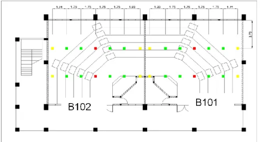 Gambar 2. Ruang Perkuliahan B101  (Sumber: Peneliti, 2012)  Gambar 1. Letak titik ukur Gedung B lantai 1 
