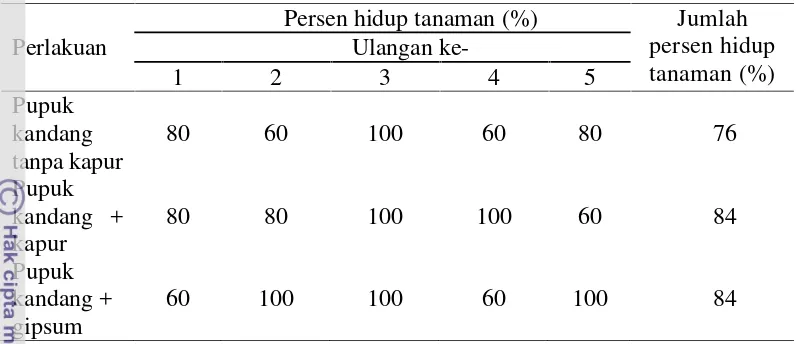 Tabel 1Rekapitulasi hasil pengukuran persentase hidup tanamanan jabon