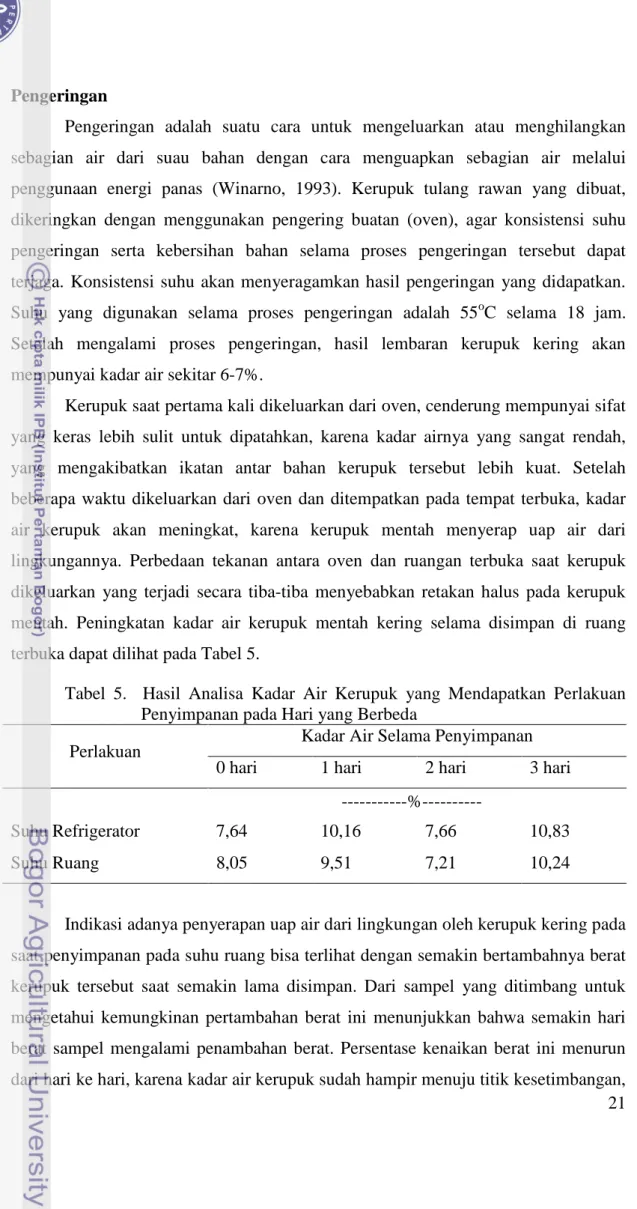 Tabel  5.    Hasil  Analisa  Kadar  Air  Kerupuk  yang  Mendapatkan  Perlakuan  Penyimpanan pada Hari yang Berbeda 