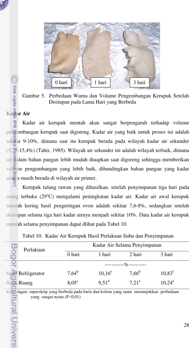 Gambar  5.    Perbedaan  Warna  dan  Volume  Pengembangan  Kerupuk  Setelah  Disimpan pada Lama Hari yang Berbeda  