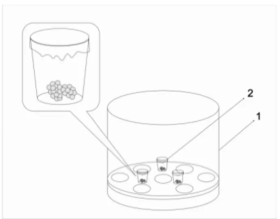 Gambar 2. Rangkaian alat analisis permeabilitas uap  air film (1) eksikator, (2) sel permeasi (gelas 