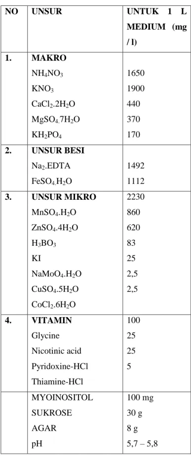 Tabel 1. Medium Murashige &amp; Skoog   NO  UNSUR  UNTUK  1  L  MEDIUM  (mg  / l)  1.  MAKRO  NH 4 NO 3  KNO 3  CaCl 2 .2H 2 O  MgSO 4