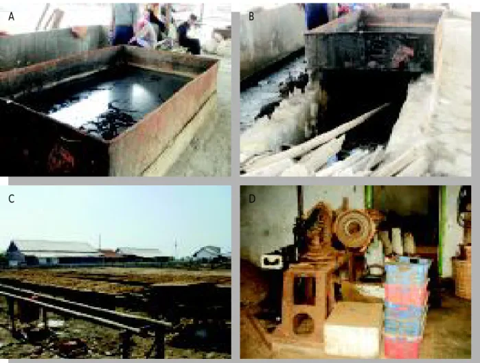 Gambar 2. Proses pengolahan tepung ikan di Kota Tegal, (A) wadah perebusan, (B) tungku, (C) penjemuran, (D) penggilingan