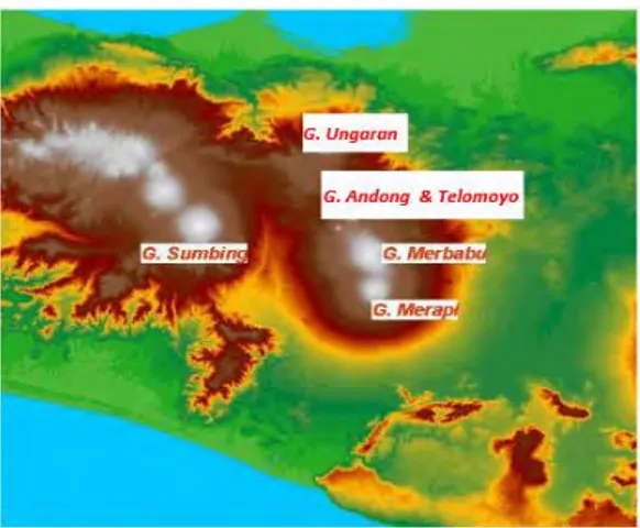 Gambar 2.2 Citra Topografi Gunung Merapi, Merbabu, Telomoyo, dan  Ungaran 