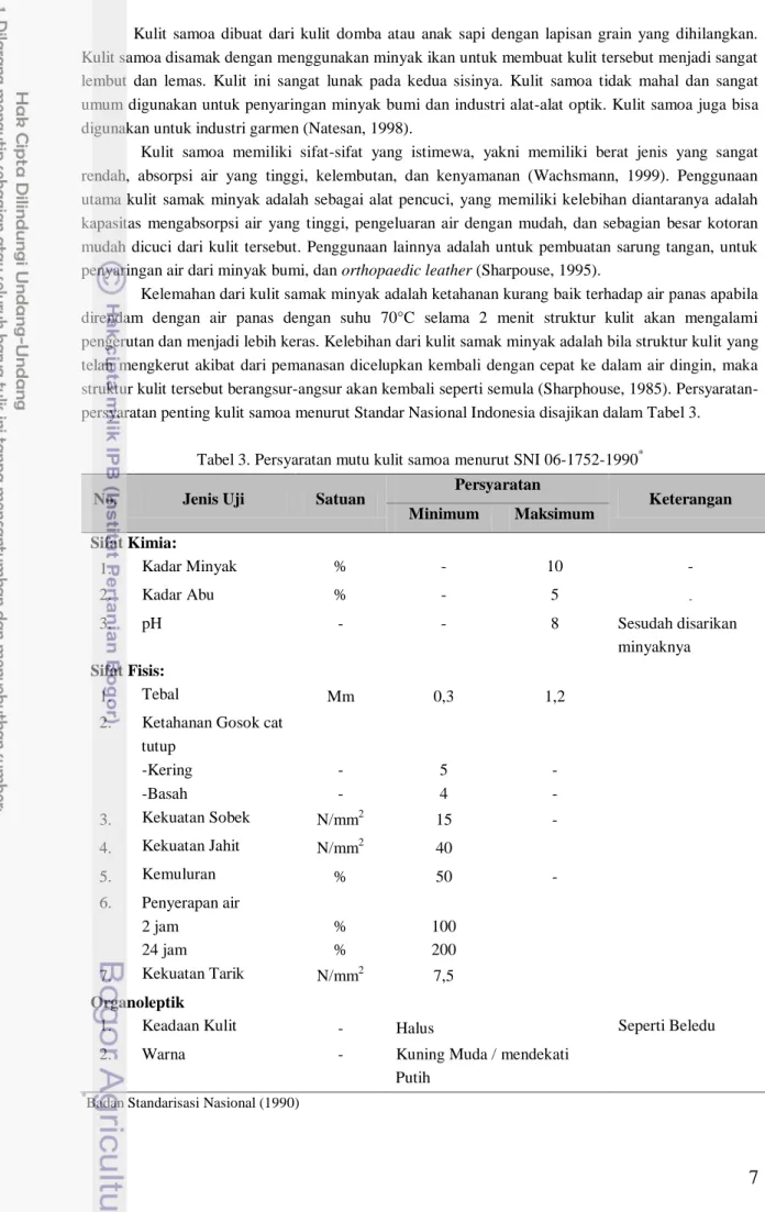 Tabel 3. Persyaratan mutu kulit samoa menurut SNI 06-1752-1990 * 