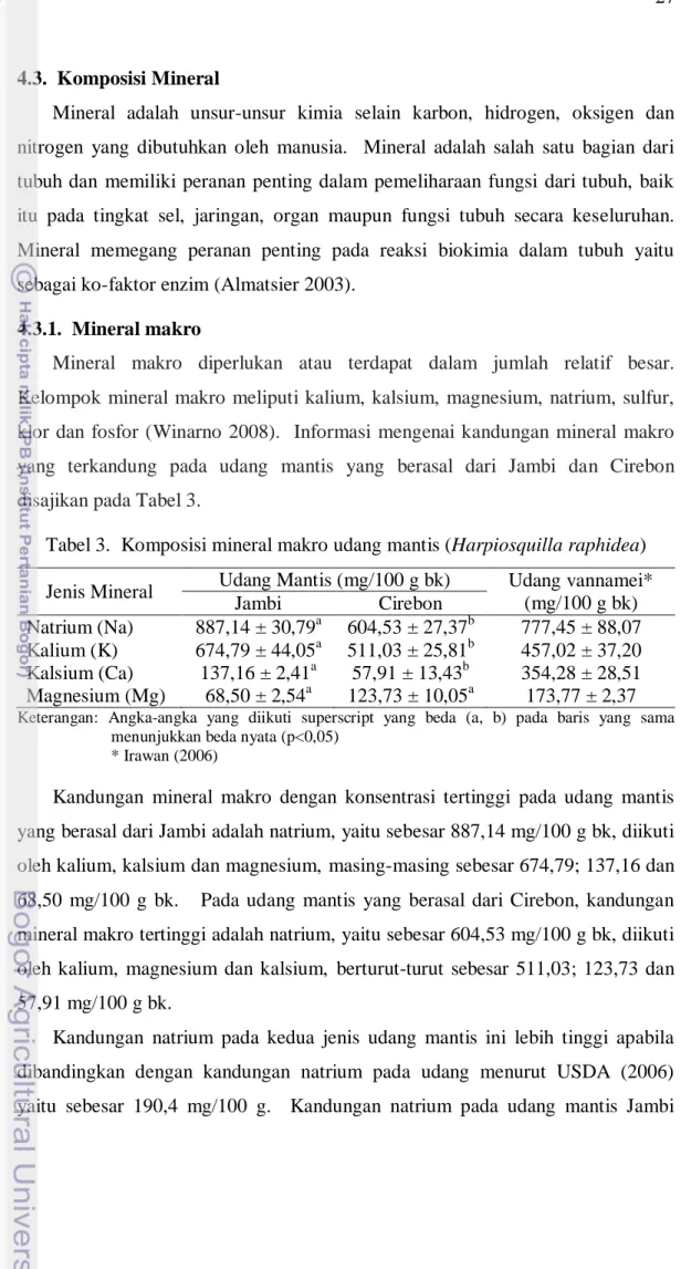 Tabel 3.  Komposisi mineral makro udang mantis (Harpiosquilla raphidea)  Jenis Mineral  Udang Mantis (mg/100 g bk)  Udang vannamei* 