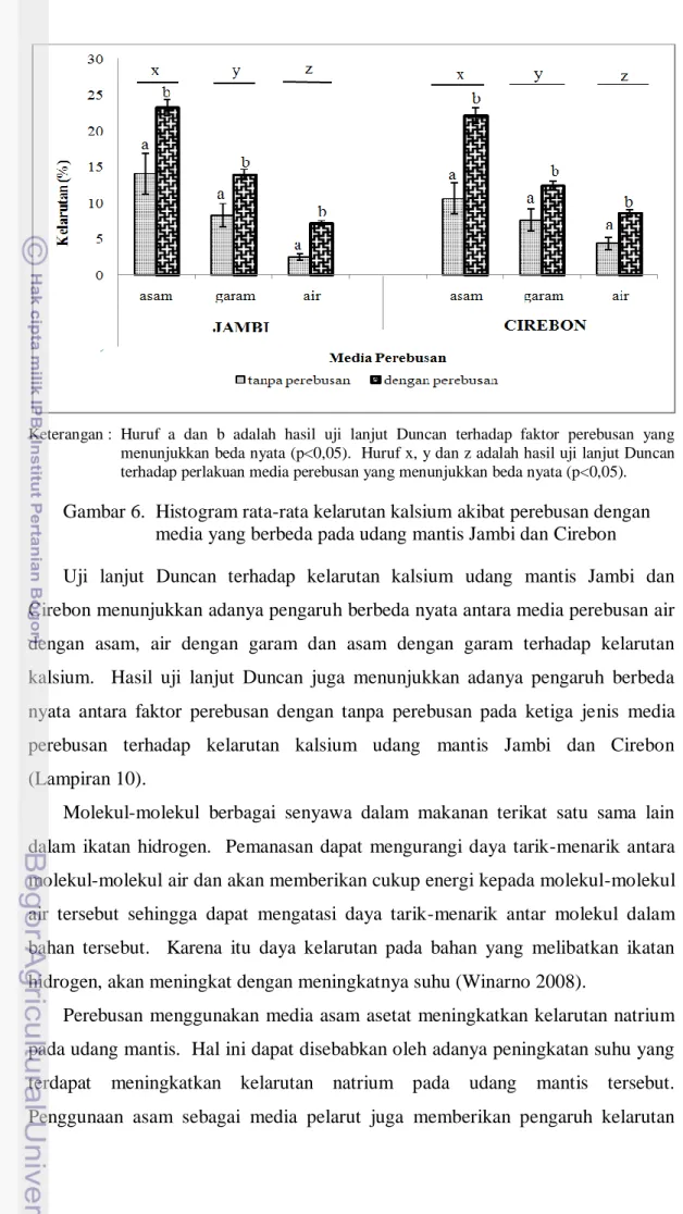 Gambar 6.  Histogram rata-rata kelarutan kalsium akibat perebusan dengan   media yang berbeda pada udang mantis Jambi dan Cirebon 