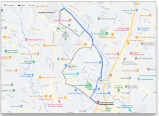 Gambar 2. Peta lokasi dan jarak lokasi pengabdian dengan Universitas Brawijaya Kota Malang