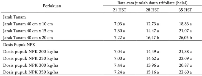 Tabel  3.  Pengaruh  jarak  tanam  dan  aplikasi  pupuk  NPK  terhadap  jumlah  daun  tanaman  kedelai  varietas  Kaba umur 21, 28, dan 35 HST