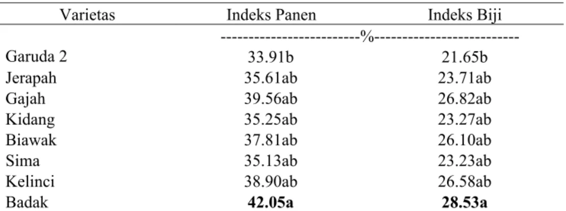 Tabel 11. Indeks Panen dan Indeks Biji Delapan Varietas Kacang Tanah  Varietas  Indeks Panen   Indeks Biji  