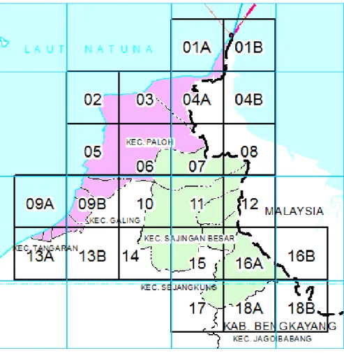 Gambar 26. indeks peta kecamatan kawasan perbatasan Indonesia – Malaysia  Maksud  dari  pekerjaan  ini  adalah  menyediakan  informasi  geospasial  berupa  peta  citra  di  kecamatan  kawasan  perbatasan  dalam  rangka  mendukung  perumusan  kebijakan  pem