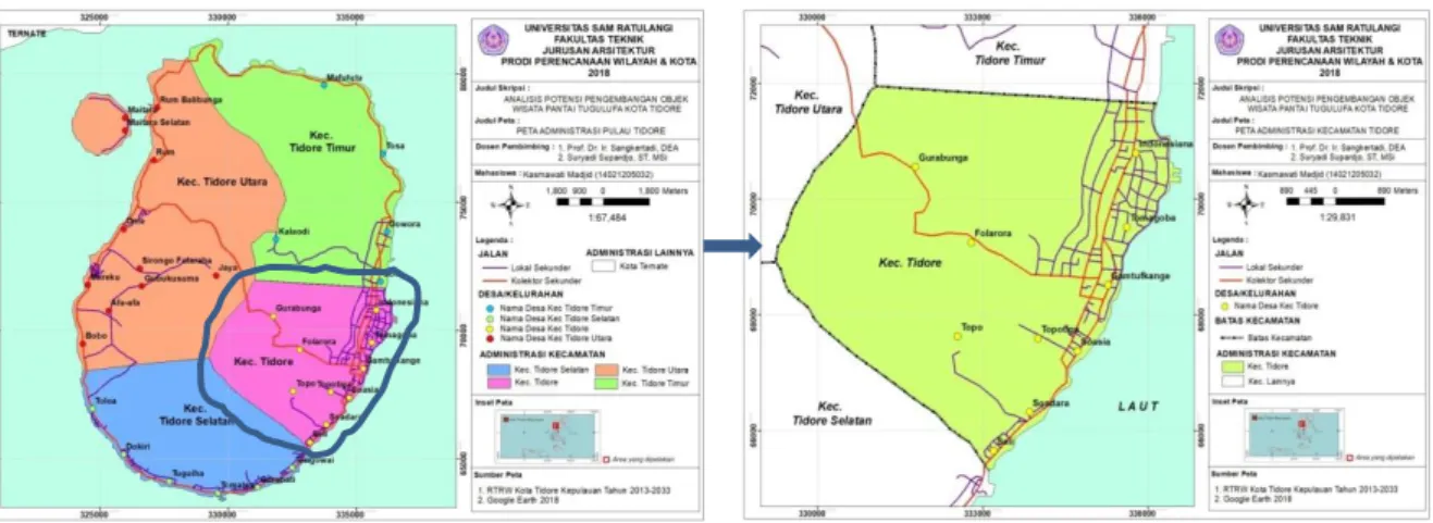 Gambar : 1 Peta administrasi Kota Tidore  Gambar : 2 Peta Adiministrasi Kec Tidore 