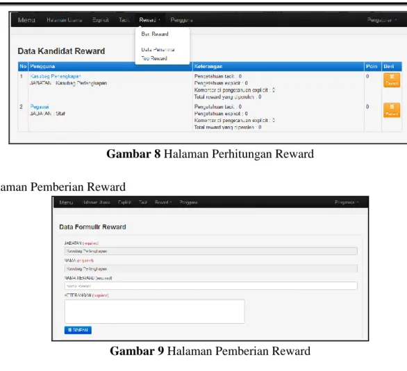 Gambar 9 Halaman Pemberian Reward 